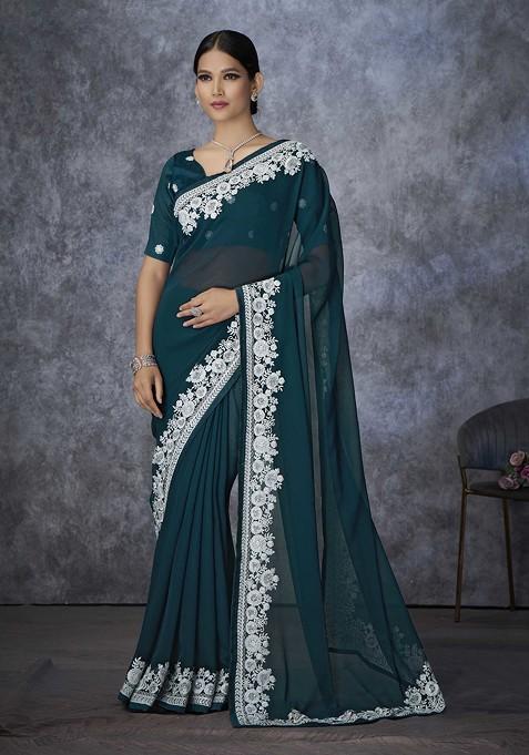 Teal Sequin Embellished Saree Set