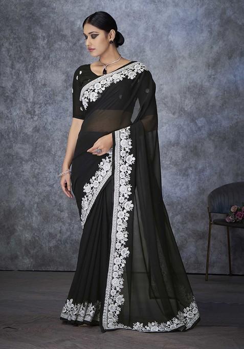 Black Sequin Embellished Saree Set