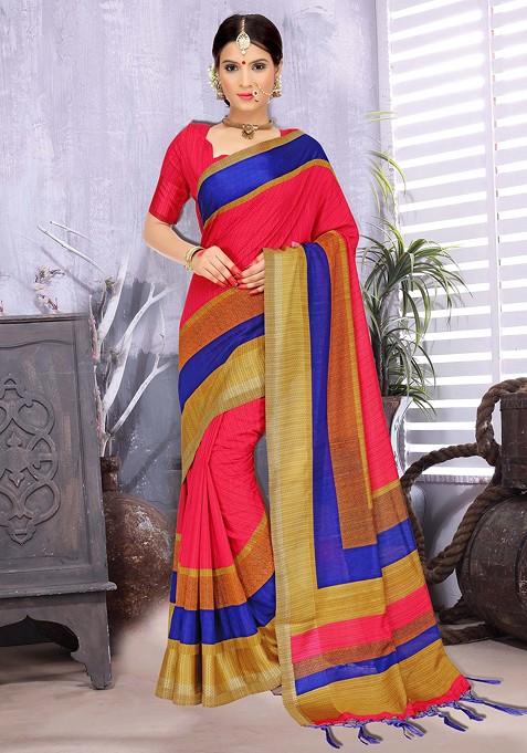 Pink Printed Woven Cotton Silk Saree Set