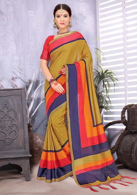 Mustard Printed Woven Cotton Silk Saree Set