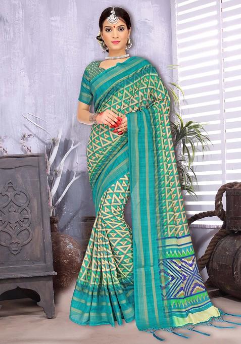 Teal Printed Woven Cotton Silk Saree Set