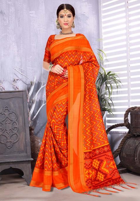 Orange Printed Woven Cotton Silk Saree Set