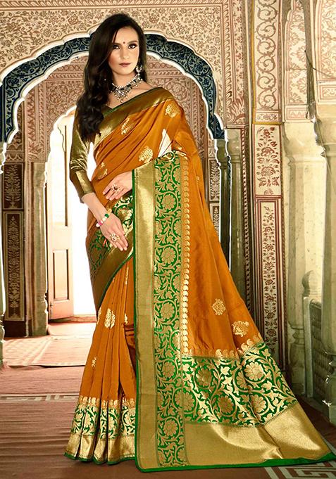 Mustard Woven Cotton Silk Saree Set