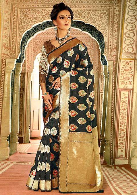 Black Woven Cotton Silk Saree Set