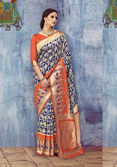 Blue Woven Nylon Silk Saree Set