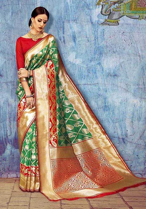 Green Woven Nylon Silk Saree Set