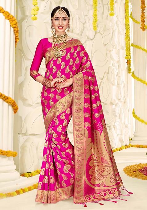 Red Woven Banarasi Art Silk Saree Set