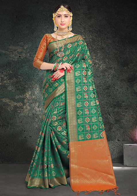 Teal Woven Patola Silk Saree Set
