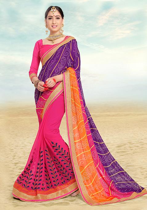 Violet And Pink Embroidered Faux Georgette Saree Set