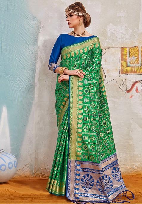 Green Woven Patola Silk Saree Set