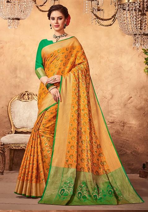 Orange Woven Patola Silk Saree Set