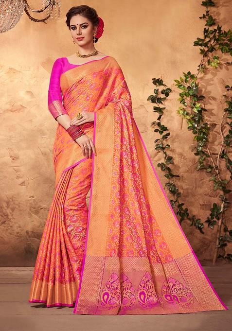 Peach Woven Patola Silk Saree Set