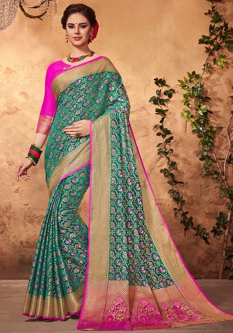 Green Woven Patola Silk Saree Set