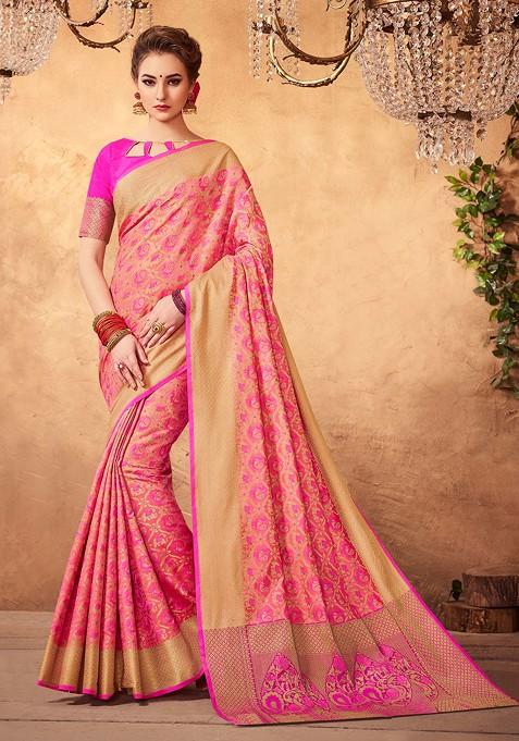 Peach Woven Patola Silk Saree Set