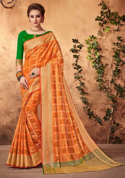 Orange Woven Patola Silk Saree Set