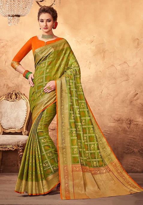 Green Woven Patola Silk Saree Set