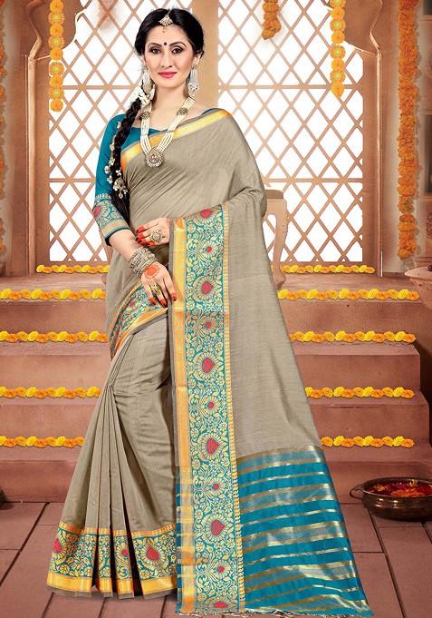 Grey Woven Cotton Silk Saree Set