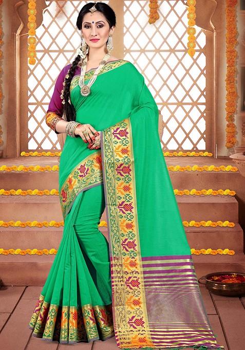 Green Woven Cotton Silk Saree Set