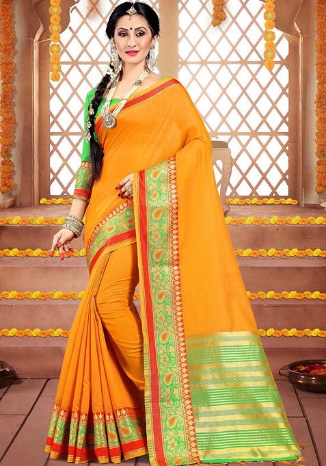 Orange Woven Cotton Silk Saree Set