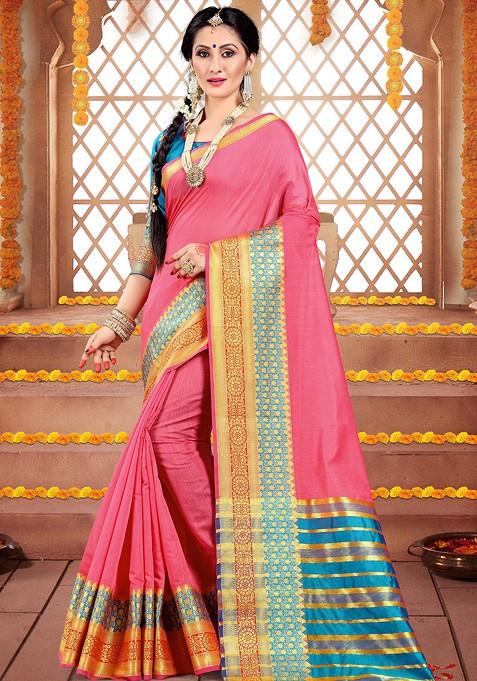 Pink Woven Cotton Silk Saree Set