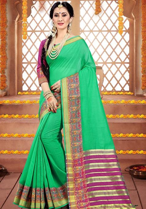 Green Woven Cotton Silk Saree Set