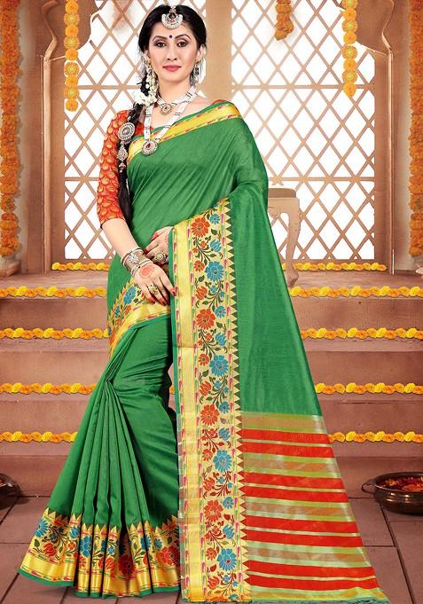 Green Woven Cotton Silk Saree Set