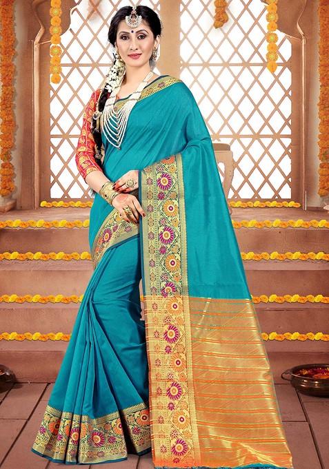 Blue Woven Cotton Silk Saree Set