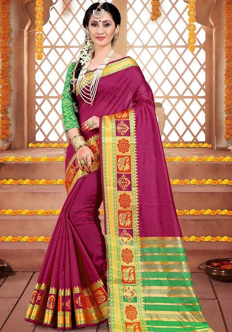 Pink Woven Cotton Silk Saree Set