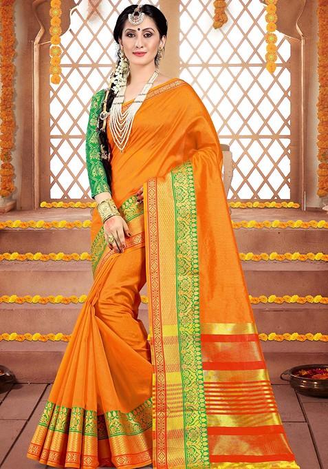 Orange Woven Cotton Silk Saree Set