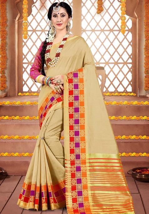 Cream Woven Cotton Silk Saree Set