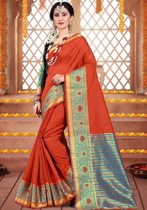 Rust Woven Cotton Silk Saree Set