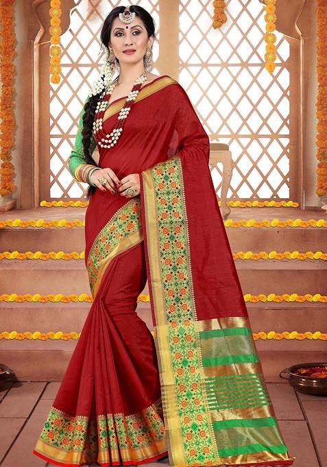 Red Woven Cotton Silk Saree Set