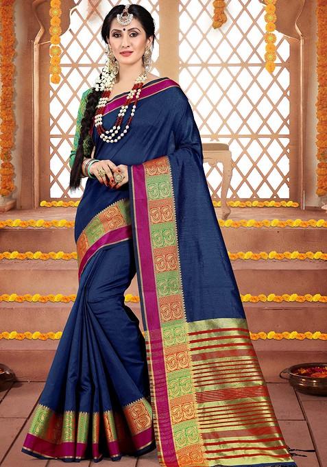 Blue Woven Cotton Silk Saree Set