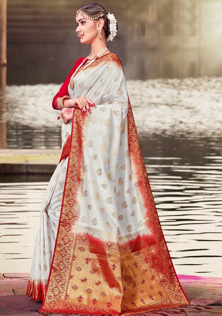 White Woven Banarasi Art Silk Saree Set