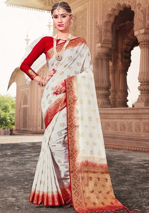 White Woven Banarasi Art Silk Saree Set