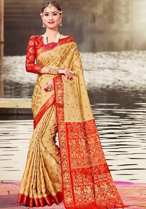 Beige Woven Banarasi Art Silk Saree Set