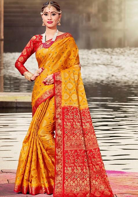 Mustard Woven Banarasi Art Silk Saree Set