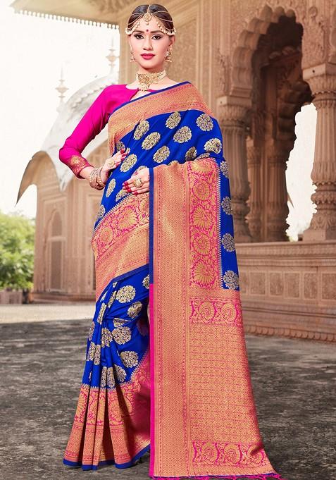 Blue Woven Banarasi Art Silk Saree Set