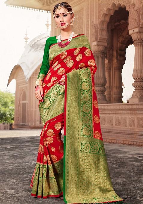 Red Woven Banarasi Art Silk Saree Set