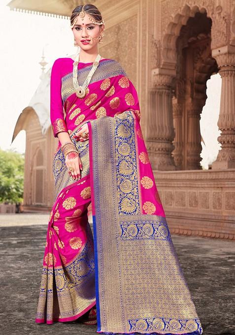 Pink Woven Banarasi Art Silk Saree Set