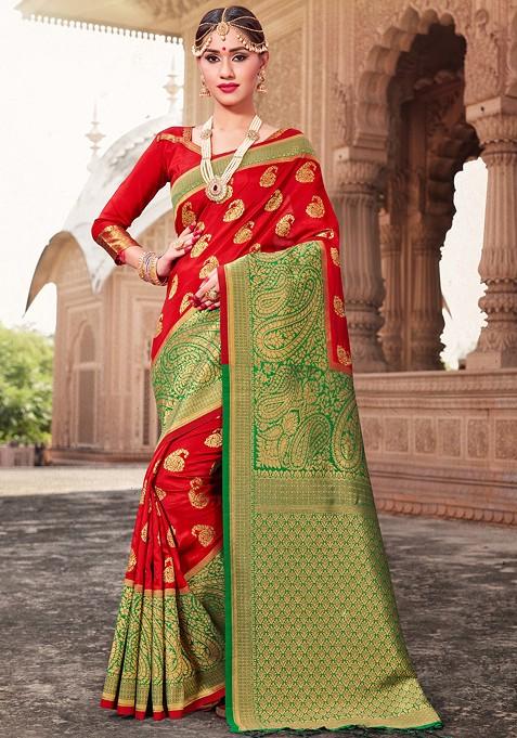 Red Woven Banarasi Art Silk Saree Set