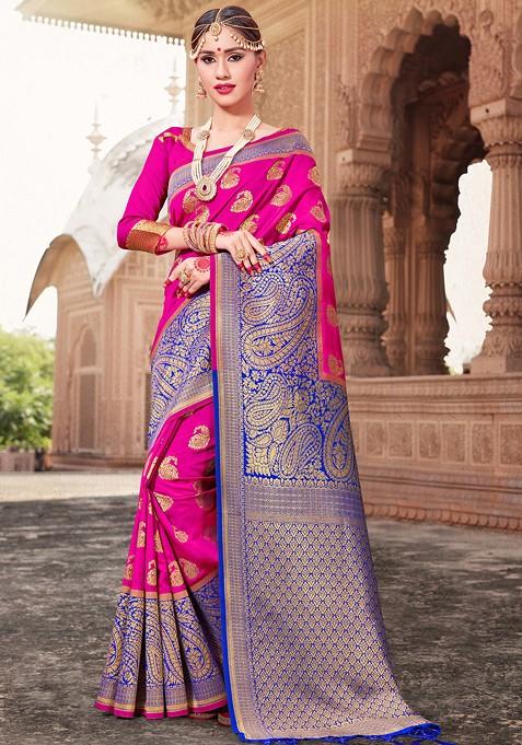 Pink Woven Banarasi Art Silk Saree Set