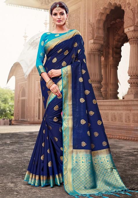 Navy Blue Woven Banarasi Art Silk Saree Set