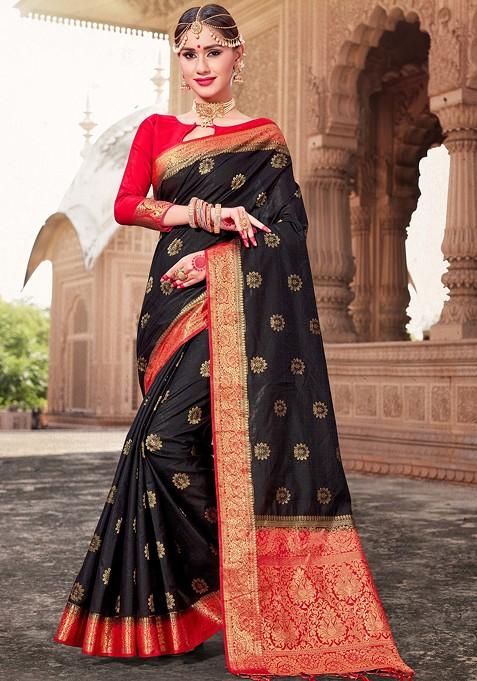 Black Woven Banarasi Art Silk Saree Set