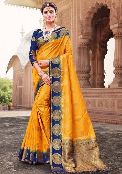 Mustard Woven Banarasi Art Silk Saree Set