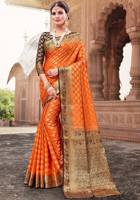 Orange Woven Banarasi Art Silk Saree Set