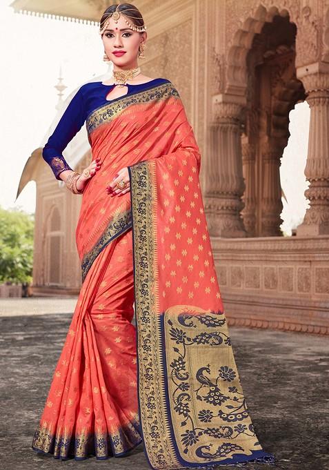 Coral Woven Banarasi Art Silk Saree Set