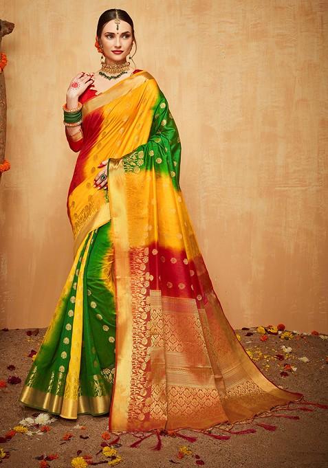 Multicolour Woven Banarasi Art Silk Saree Set