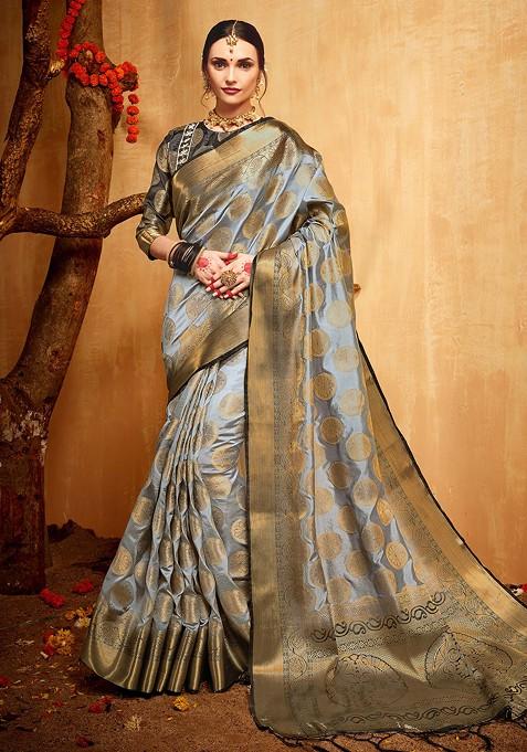 Grey Woven Banarasi Art Silk Saree Set