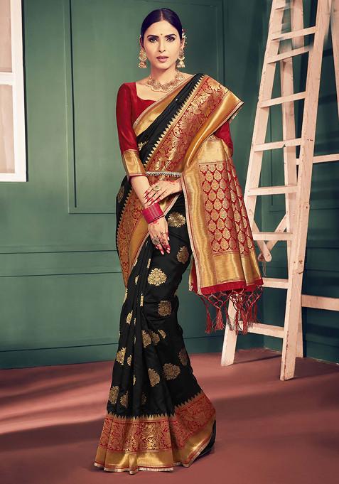 Black Woven Banarasi Art Silk Saree Set